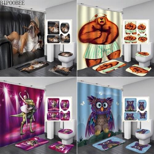 Funny Animals Bathroom Curtains Black Bear Pug Fabric Shower Curtain Set Bath Mats Rugs Toilet Lid Cover Anti-slip Carpet