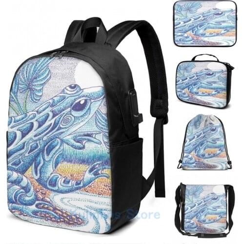 Funny Graphic print Water Frog with Water Arum USB Charge Backpack men School bags Women bag Travel laptop bag