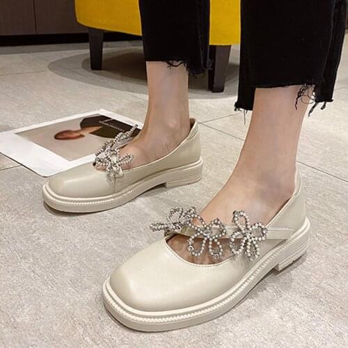 Womens Loafer PU Leather Crystal Solid Hook & Loop Square Toe Shallow Female Flat Shoes Leisure Ladies Single Shoes Fashion New