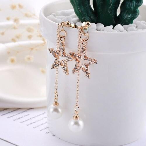 Star Women Earrings Korea Inlaid Zirconium Five Pointed Star Back Hanging Pearl Earrings Long Tassel Earring Simple Accessories