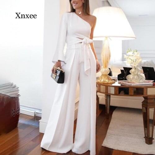 Women Chic White Rompers One Shoulder Wide Leg Long Pants High Waist Bell Bottom Trousers Elegant for Work Office Jumpsuits