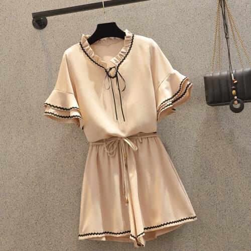 2021 Summer New Big Size 4XL Lady Fashion Flared Sleeve Tops And Elastic Waist Wide-leg Shorts 2 Piece Set Black Apricot aq1256
