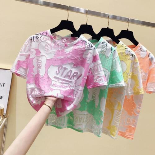 Ice Silk Short-sleeved Top 2021 New Loose Versatile Hollow Fashion T-shirt Women Harajuku Shirt Graphic Tees Women