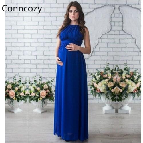 Round Neck Sleeveless Long Dresses Women Plus Size White Blue Maternity Dress Photo Shooting Pregnant Dresses Pure Color Tunic