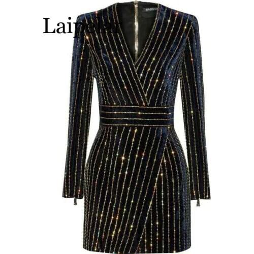 Laipelar Women Bling Bling Long Sleeve Dress Black V-Neck Full Sleeve Women Casual Office Dress Party Dress Brazil Vestidos
