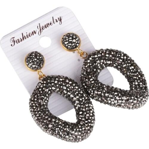 1.5 Inch wave Hollow Oval Shine Classic Geometric Black Rhinestone Big Chandelier Pendant Charm Dangle Earring For Women