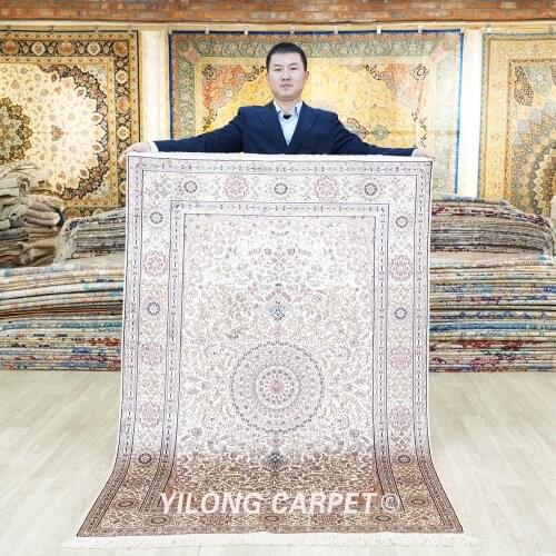 YILONG 4'x6' Turkish silk carpet red medallion handmade beige vantage oriental rugs (ZW072M4x6)