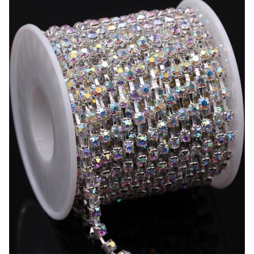 6ss-38ss Crystal AB rhinestones Silver chain 10Yard/roll Single Row Crystal Rhinestone sparse Cup Chain