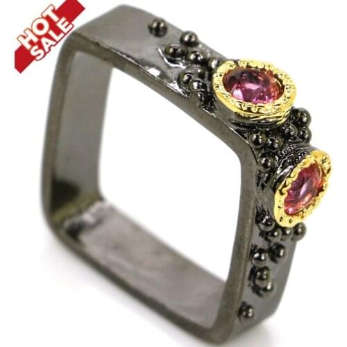 6x6mm Sublime Antique Vintage Created Pink Tourmaline Gift For Man Black Gold Silver Rings