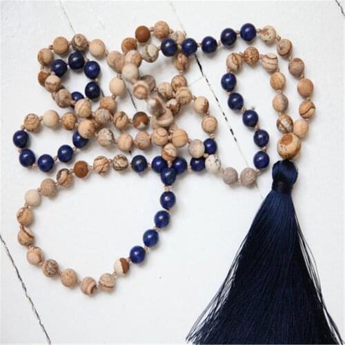8mm Picture Jasper Lapis Lazuli 108 Beads Tassel Necklace Prayer Meditation Religious Wristband Tibetan Classic Chakra