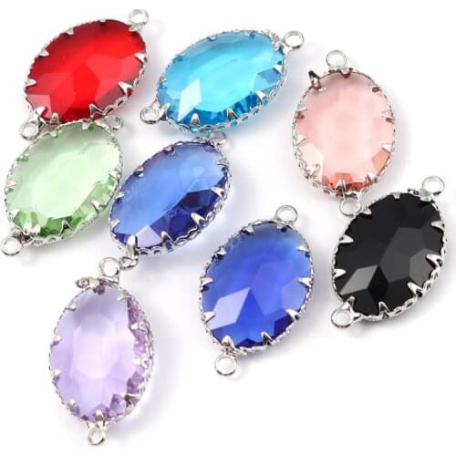 8Seasons Fashion Copper Charms Oval Silver Color Black Colorful With Glass Cabochons Faceted DIY Findings 25mm x 14mm, 3 PCs