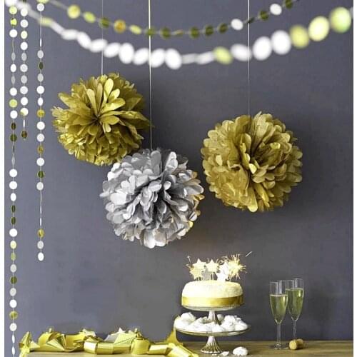 8pc Metallic Gold Mix 6"+10" Circle Garland &Tissue Pom Poms Paper Flower Ball Hanging Showers Party Birthday Wedding decoration