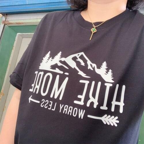 Hike More Worry Less T-shirt Casual Unisex Short Sleeve Graphic Hiking Outdoors Tees Tops Funny Women Summer Camping Tshirt