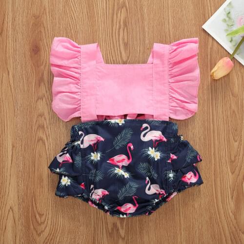Baby Girl Summer Clothing Suits Short Flare Sleeve Romper Lemon Flamingo Print Square Collar Jumpsuit