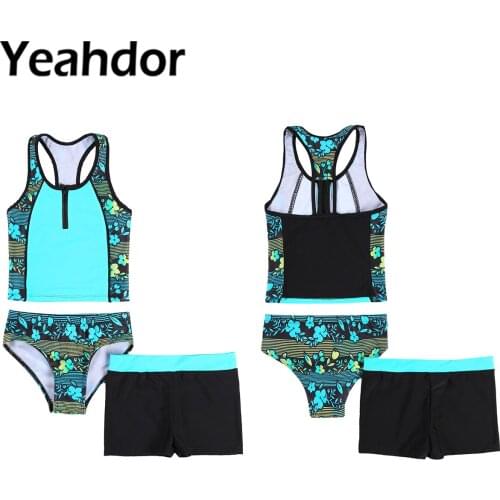 3PCS Swimwear for Kids Girls Tankini Set Floral Print Sleeveless Racerback Tank Vest Shirt Short Bikini Beachwear Swimming Suit