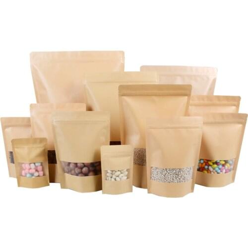 Kraft Paper Ziplock Bag with Window Dried Food Snack Tea Nuts Cookies Beans Packaging Gift Bags Reusable Small Large Size 50pcs