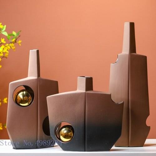 Creative Pottery Vase Ceramic Vase Gradient Hollow Golden Ball Flower Arrangement Handicraft Decoration Modern Home Decoration
