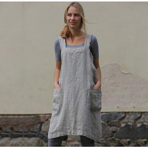 Apron Kitchen Cotton Tunic Dress Casual Sleeveless Knee-Length Aprons Dress With Pockets Cooking Apron