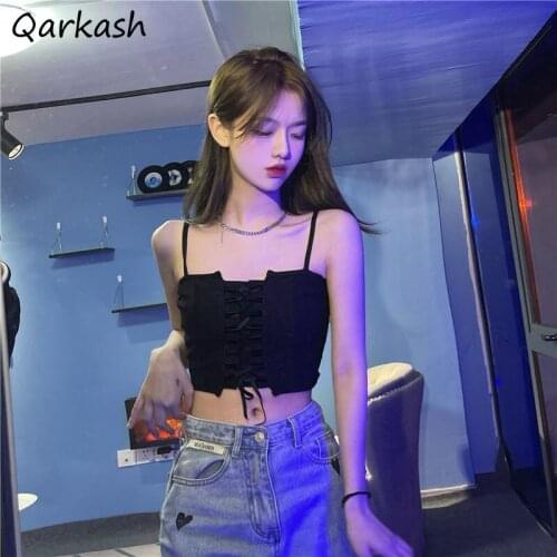 Camisoles Women Spaghetti Strap All-match Trendy Summer Mujer Cropped Slim Solid Bandage Design Tops Sexy Club Simple BF Clothes