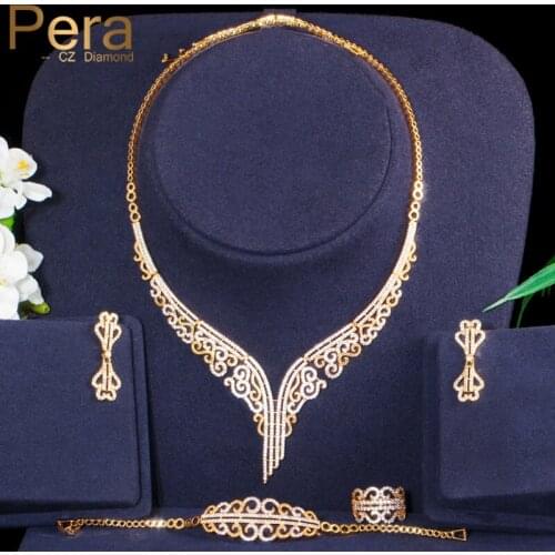 Pera Luxurious 4Pcs Cubic Zirconia Hollow Geometry Nigerian Necklace Earrings Ring Sets for Women Wedding Party Accessories J663