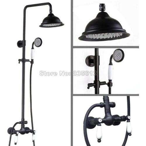 Bathroom Wall Mounted Rain Shower Faucet Set Black Oil Rubbed Bronze Dual Ceramic Handles Mixer Tap + Hand Spray Wrs471