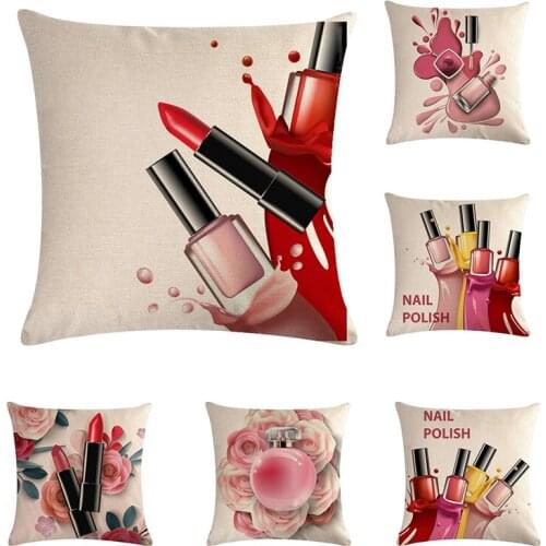 Hand Painted Flowers Lipstick Bottles Cushion Cover Pink Pillowcase Home Decorative For Sofa Car 45x45cm Throw Pillow Cover