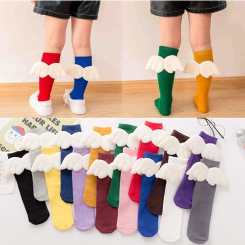 New Baby Girls Knee High Socks Angelwing Summer Autumn Cotton Socks Solid Candy Color Kids Toddler Short Socks for Children