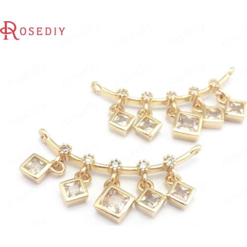 39922)4PCS 18x29MM 24K Champagne Gold Color Brass and Zircon Square Arcuated Connect Charms Pendants Jewelry Making Supplies