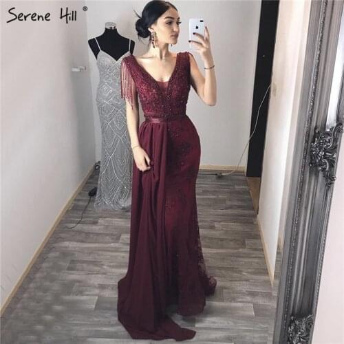 Serene Hill Wine Red with Removable Sashes Evening Gowns 2021 Dubai Plus Size Beading Tassel Luxury Formal Dress LA60846