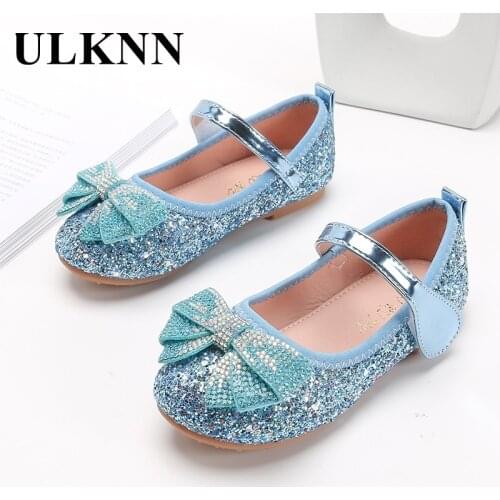 ULKNN Blue Leather Shoes for Kids 2021 New Girls Rhinestone Princess Shoes Sequins Baby Soft Bottom Flats Pink Silver Shoes