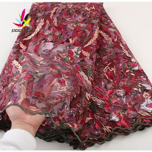 High Quality Sequin Tulle French Lace Fabric Blue Color Embroidered Leaves Flower Pattern African Nigerian Latest Design Latest