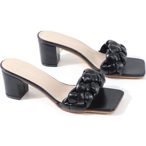 Womens Shoes Sandals Slippers Braided Square Thick-Heels Open-Toe Comfortable 7CM All-Match Summer Outer-Wear-Resistant