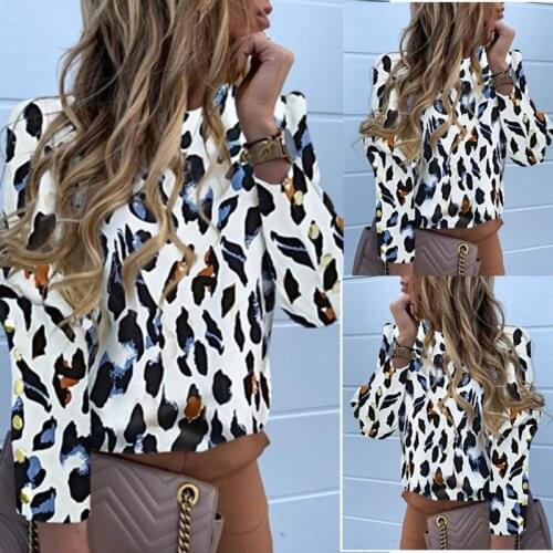 Womens Leopard Print Shirt Tops O-Neck Long Sleeves SpringLoose Shirts Female Top Lady Streetwear