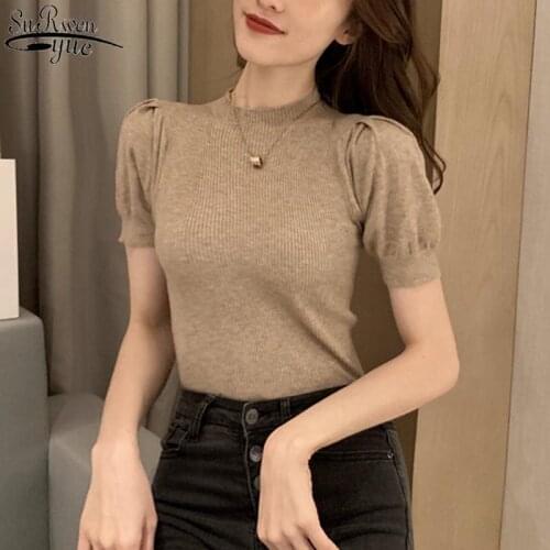 Summer Knitted Shirts Women 2021 Solid Half Turtleneck O Neck Short Puff Sleeve Female Loose Casual Cotton Ladies Top 10375