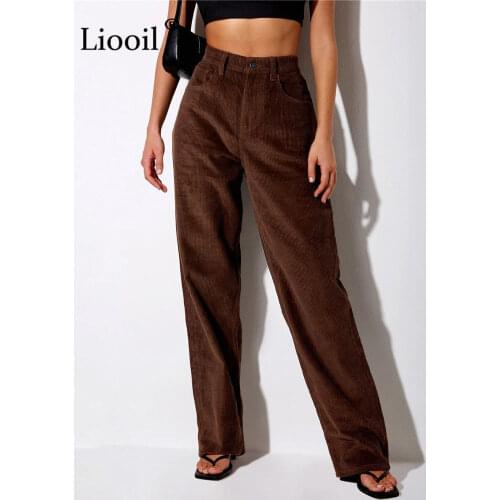 Corduroy Loose Straight Leg Pants Woman High Waist Slack Fall Winter With Pockets Streetwear Baggy Trousers Brown Mon Long Pants