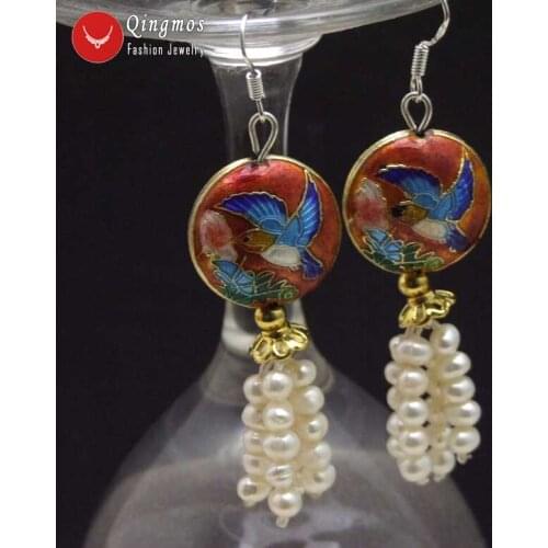 Qingmos Natural 4-5mm White Pearl Earrings for Women with Cloisonne Coin Beads & Red Cloisonne Hummer Dangle 2.5'' Earring e586