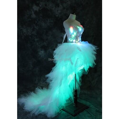 WYY Women evening dresses RGB colorful light Trailing skirt bellydance wears led costumes party luminous feather outfits rave