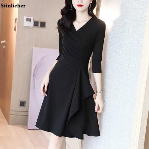 Elegant Black Office Ladies Work Dress Women Fashion V-neck Ruffle Split Midi Dress Female Casual Knee-Length Party Dress Robe
