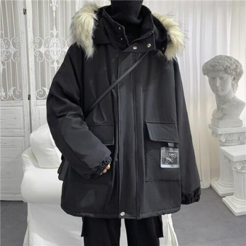 Winter Mens Loose Warm Parka Coat Hooded With Fur Collar Black Khaki Size M-XXL M12