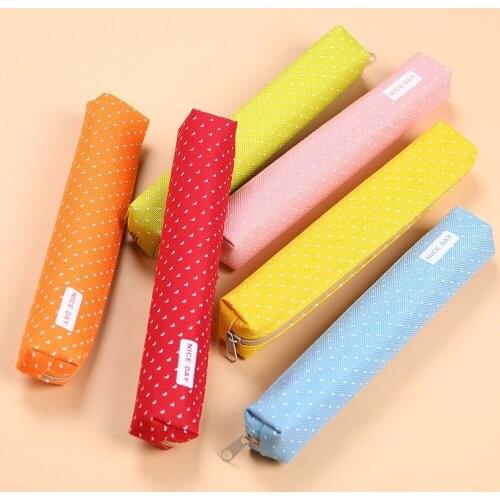 1PC Kawaii Mini Colorful Dot Pattern Students Children Canvas Pen Bag Zipper Pencil Case