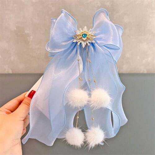 10pcs/Lot Girls Hair Bow Clips Blue Snow Yarn Bow Fashion Imitation Mink Fur Chain Hairpins Headdress Birthday Party Accessories