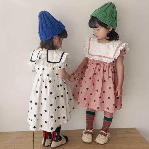 2021 girls' summer wave point girls' dress childrens lace Lapel princess short sleeve childrens dress kids clothes