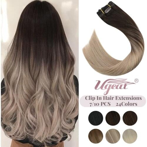 Ueget Clip in Hair Extensions Real Hair Extensions 7/10PCS Clip in Human Hair Balayage Color Human Hair Clip in Hair Extensions