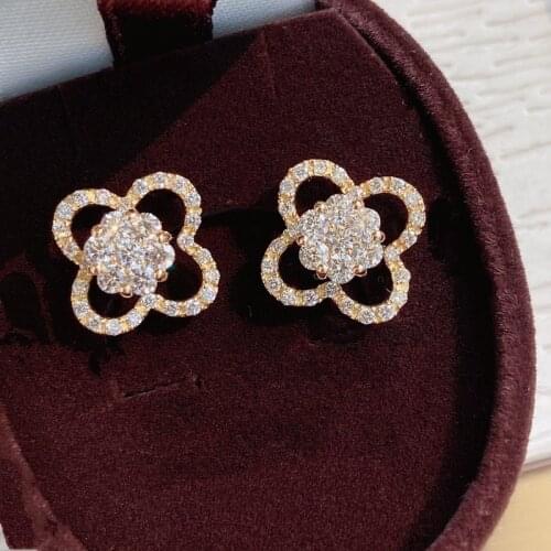 Aazuo 18K Orignal Yellow Gold Real Natrual Diamonds 1.0ct Fairy 4 Leaves Flower Earring gifted for Women&Lady Wedding Party