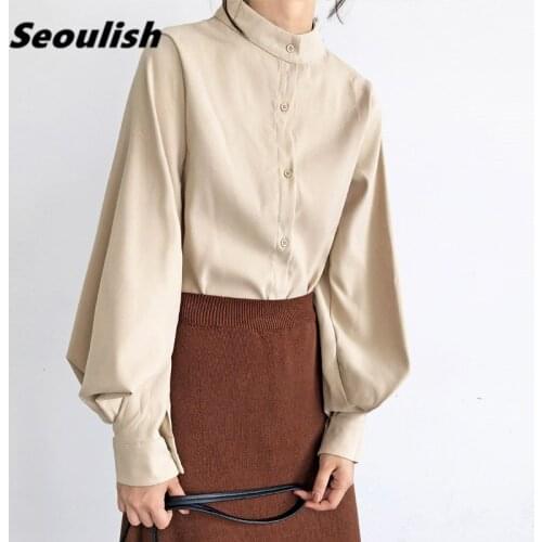 Seoulish Autumn Winter Lantern Sleeve Womens Blouse Long Sleeve Single Breasted Office Stand Collar Elegant Shirts Tops Female