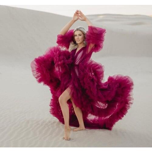 Burgundy Women Maternity Dress Custom Made Maternity Robes Ruffles Photoshoot Evening Gowns Fluffy Robe Formal Baby Shower Dress