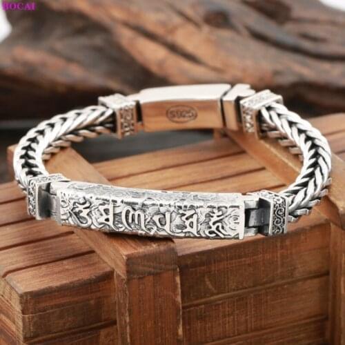 BOCAI 100% S925 Sterling silver Bracelets Buddhism Six character Truth weaven Thai silver Hand chain Pure Argentum mens Bangle