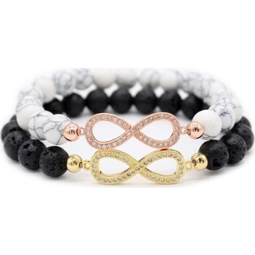 Poshfeel CZ Infinity Bracelets & Bangles 8mm Natural Black White Stone Beaded Bracelet Couple Gift Pulsera MBR180296