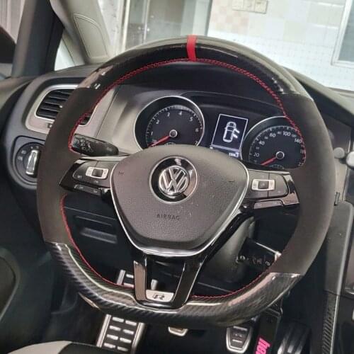 5D Carbon Fiber&Black Suede Leather Red Thread Steering Wheel Hand Sewing Wrap Cover Fit For Volkswagen Golf 7 Mk7 Passat B8