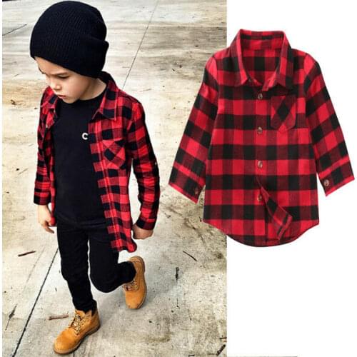 Baby Kids Boys Girls Long Sleeve Checks Tops Blouse Clothes Outfits